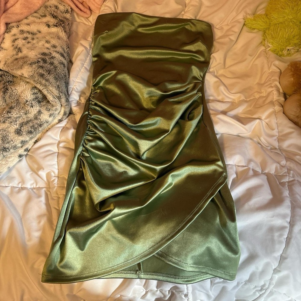 Windsor Strapless Satin Dress in Olive